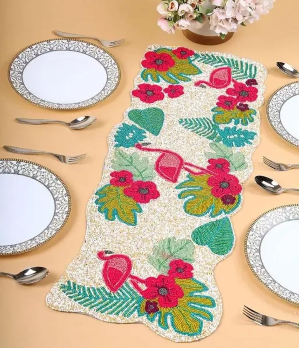 Beaded Table Runner, Tropical Flamingo Design, Multicolor Floral and Leaf Pattern