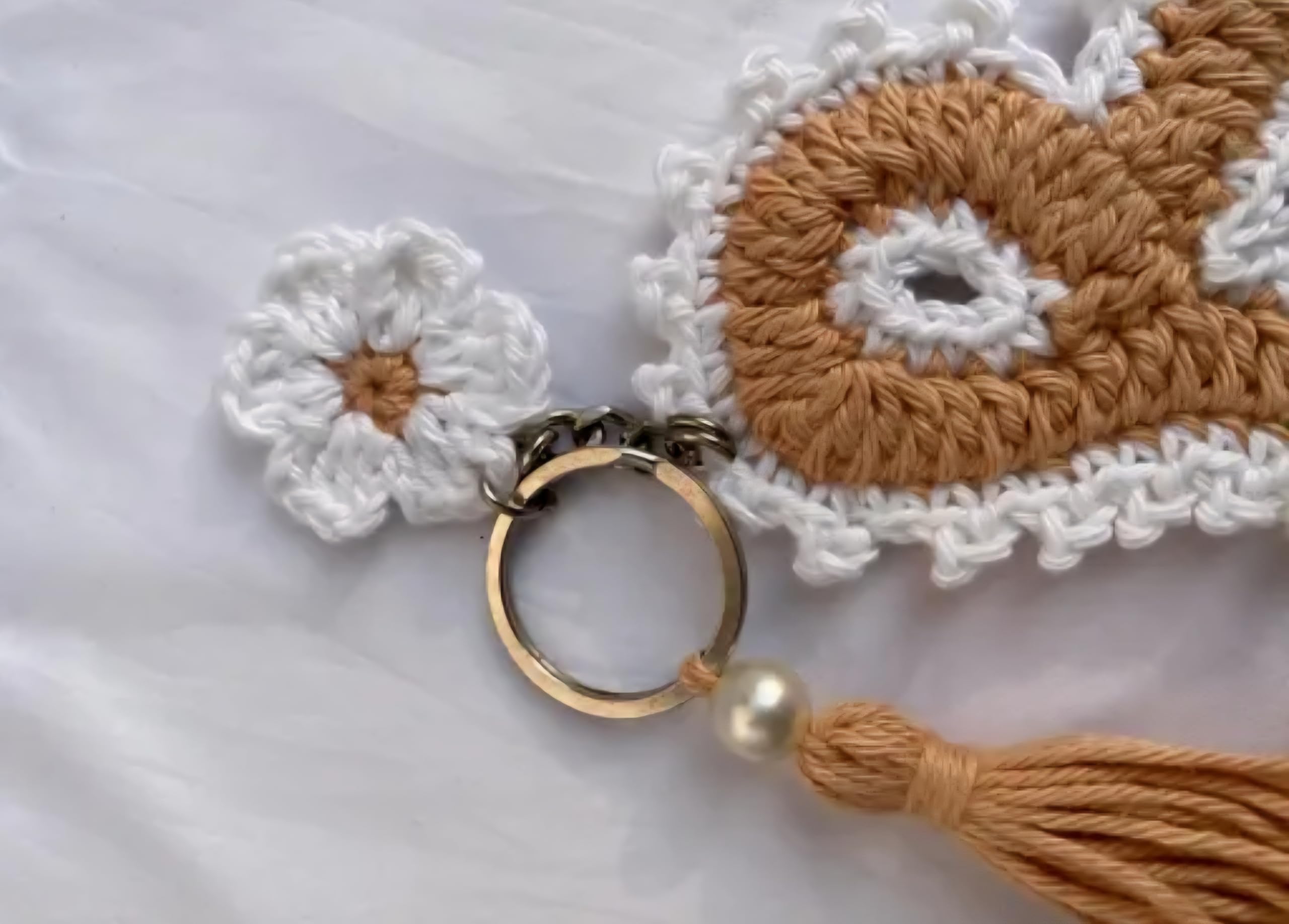 Handmade Crochet Bunny Keychain with Flower, Brown and White, Tassel Charm