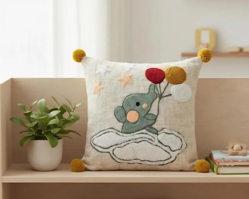 Kids Handmade Cushion Cover with Elephant on Cloud Design, Pom Pom Accents, Nursery Decor