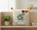 Kids Handmade Cushion Cover with Elephant on Cloud Design, Pom Pom Accents, Nursery Decor