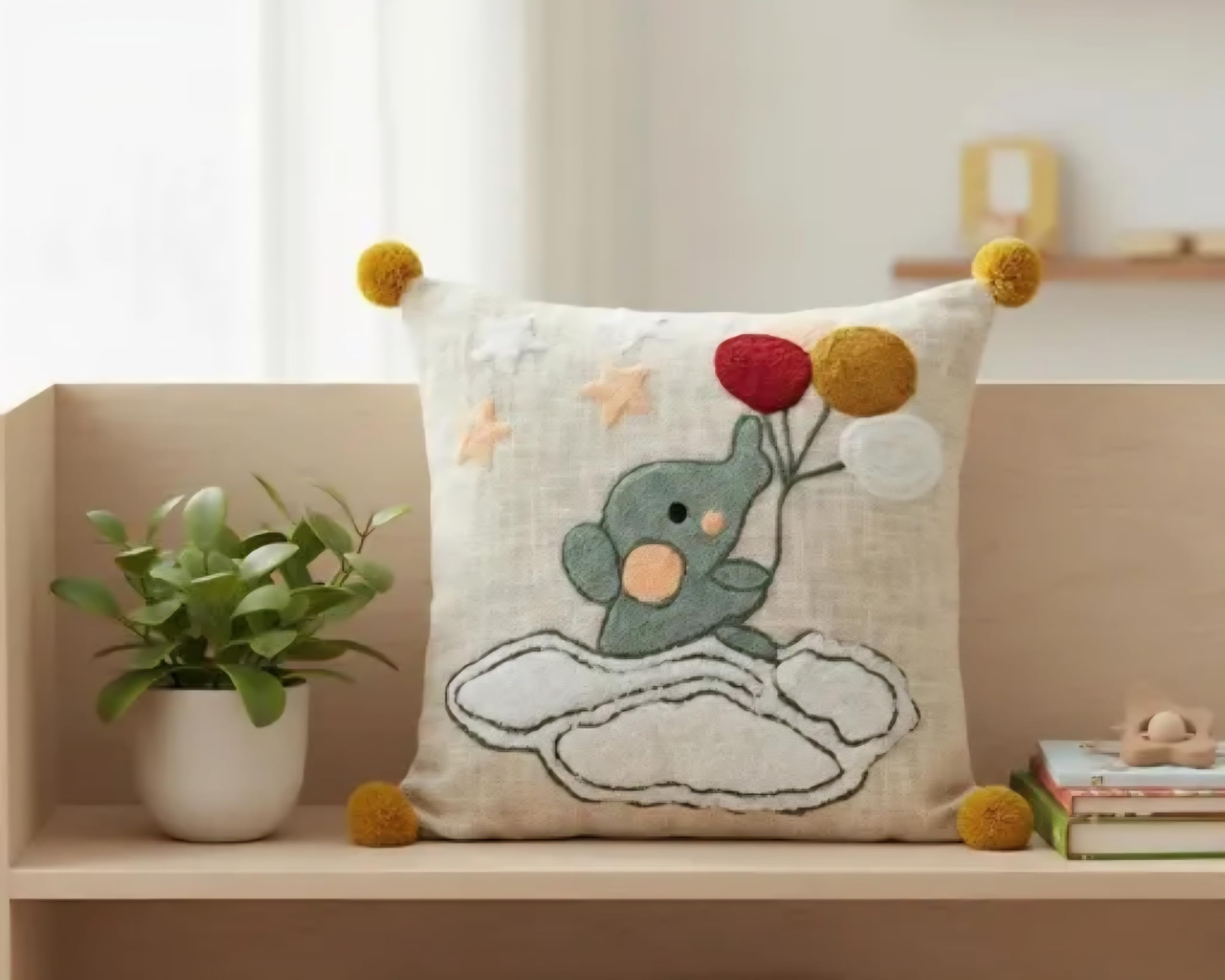 Kids Handmade Cushion Cover with Elephant on Cloud Design, Pom Pom Accents, Nursery Decor
