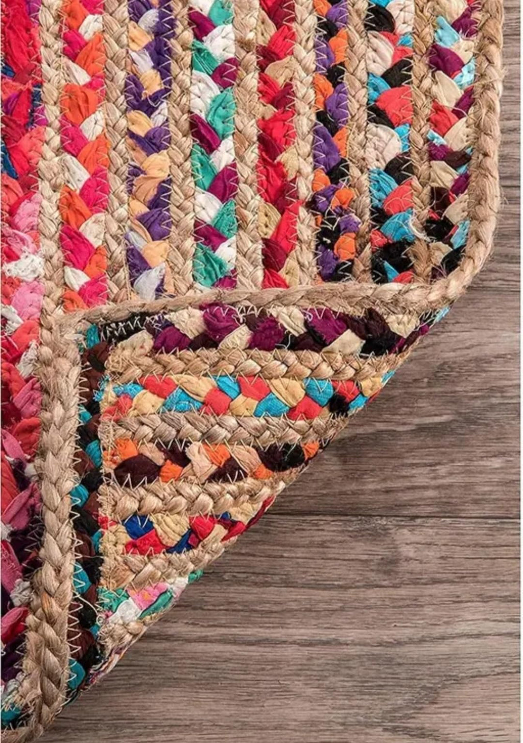 Braided Jute and Cotton Runner Rug, Multicolor, Bohemian Style, Handmade Chindi Area Rug