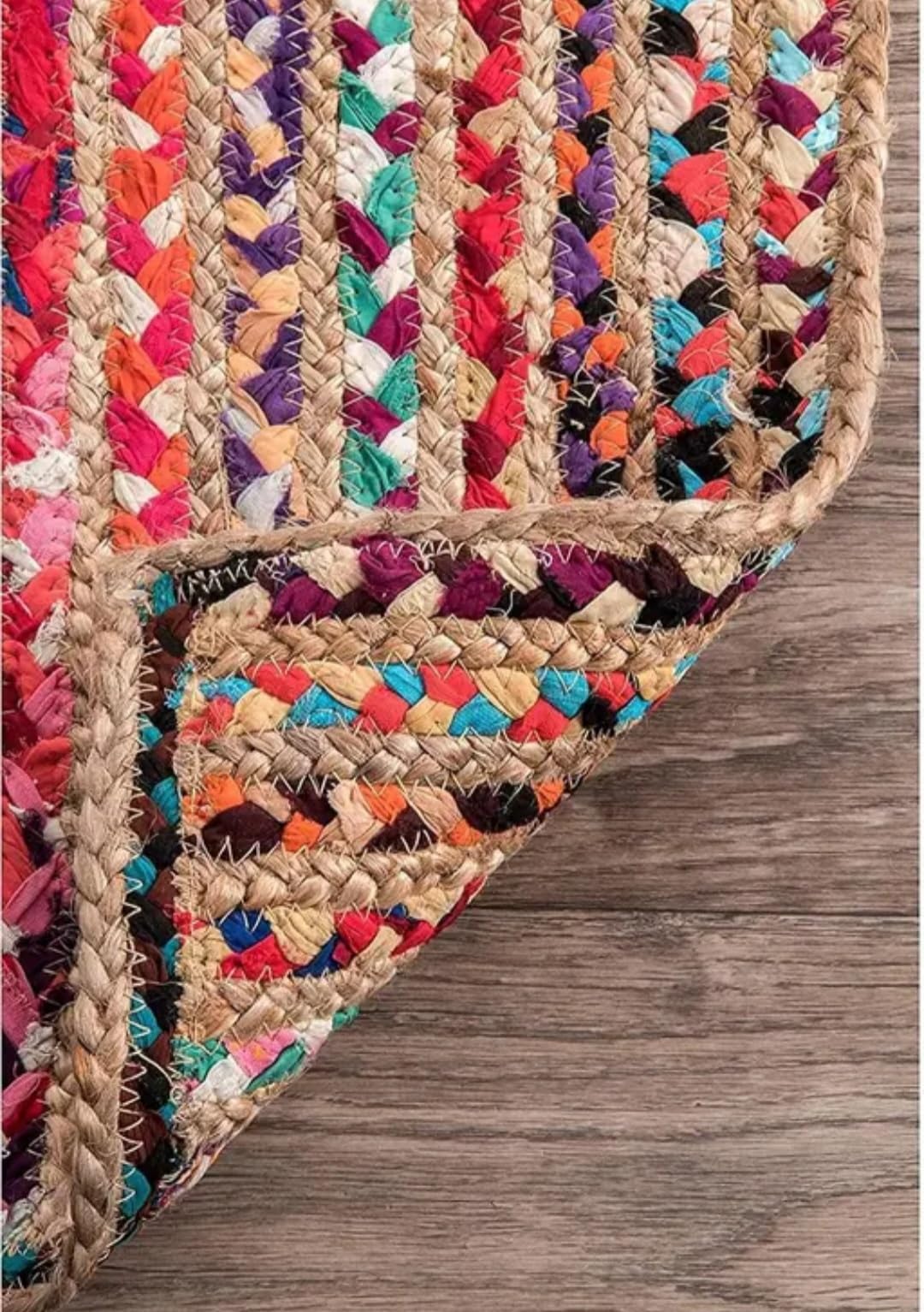Braided Jute and Cotton Runner Rug, Multicolor, Bohemian Style, Handmade Chindi Area Rug