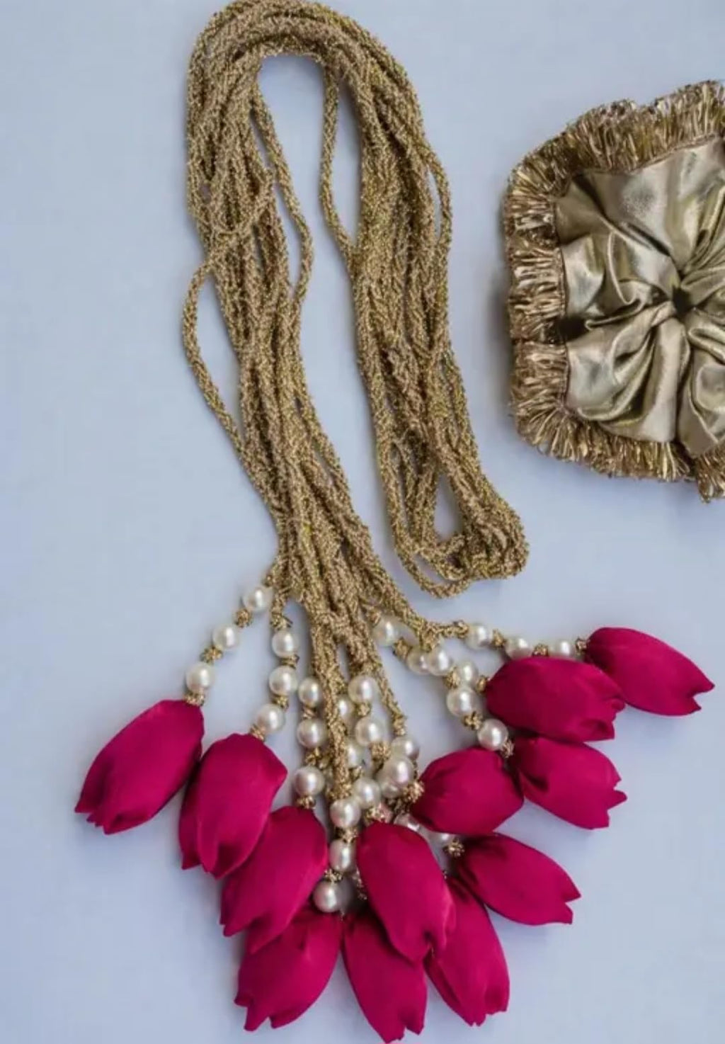 Bridal Braid Hair Chain, Gold Tone with Red Tassels and Pearl Beads, Traditional Indian Style, paranda