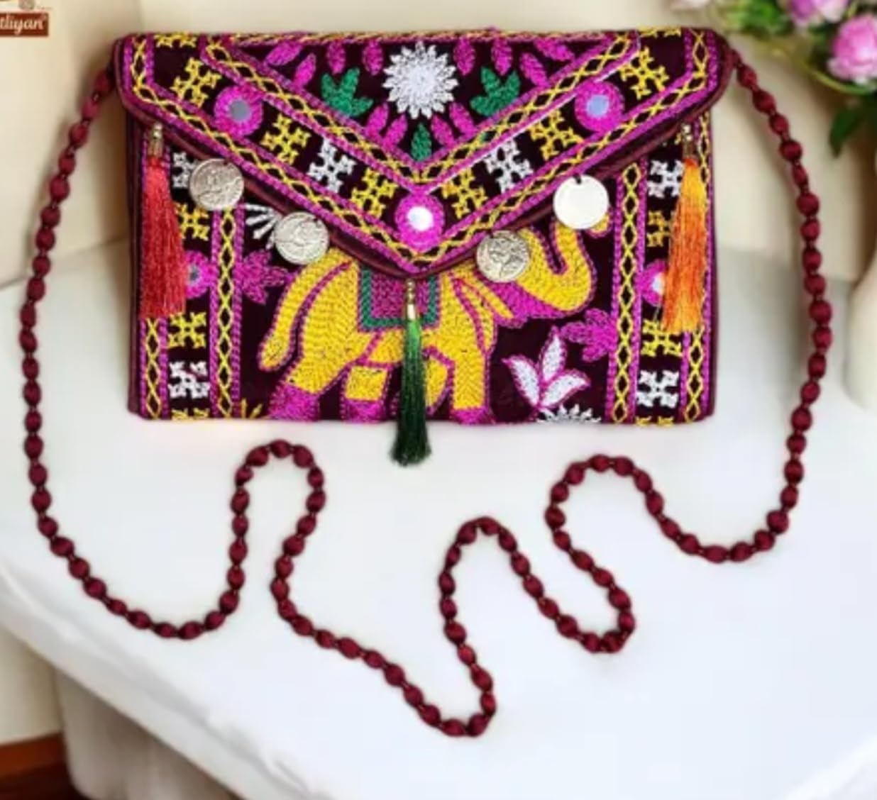 Handmade Bohemian Clutch Purse, Embroidered Elephant Design with Tassels, Decorative Coins, Multicolour, eco-friendly