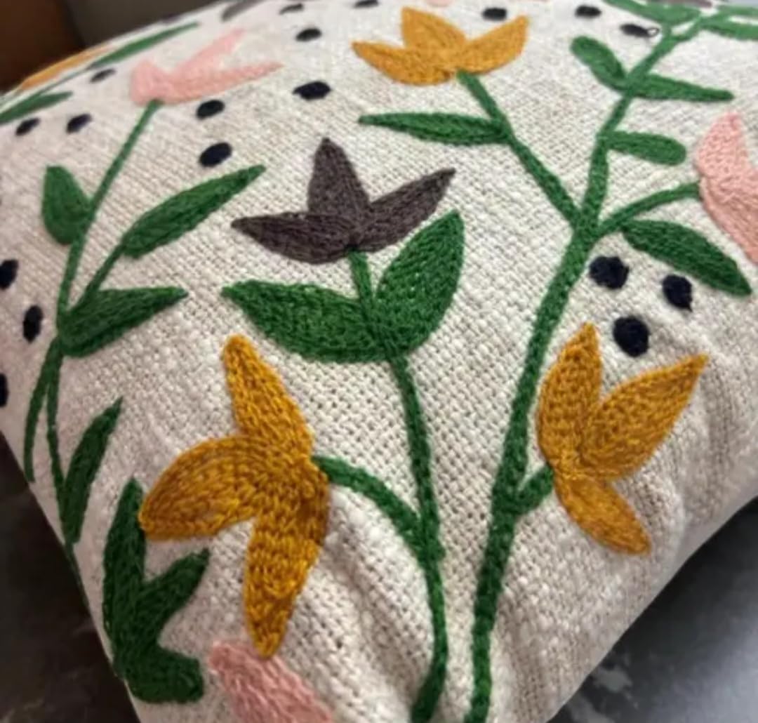 Embroidered Throw Pillow Cover, Floral Leaf Pattern, Multicolor, Decorative Cushion Cover