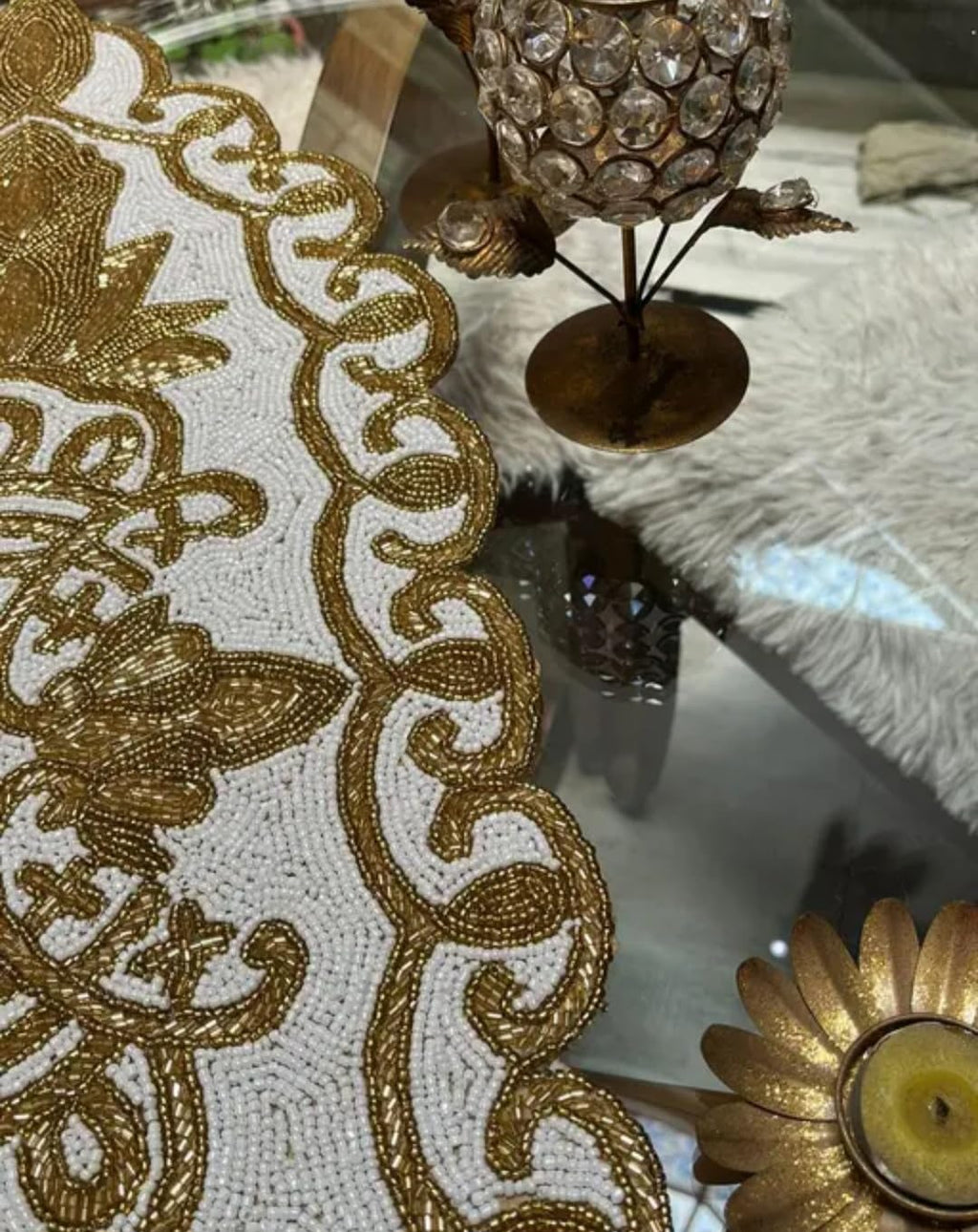 Beaded Table Runner, White and Gold, Floral Scroll Design, Handcrafted, Luxury Dining Decor