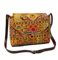 Vintage Bohemian Crossbody Bag, Geometric Pattern Print, Brown Leather Strap, Metal Clasp