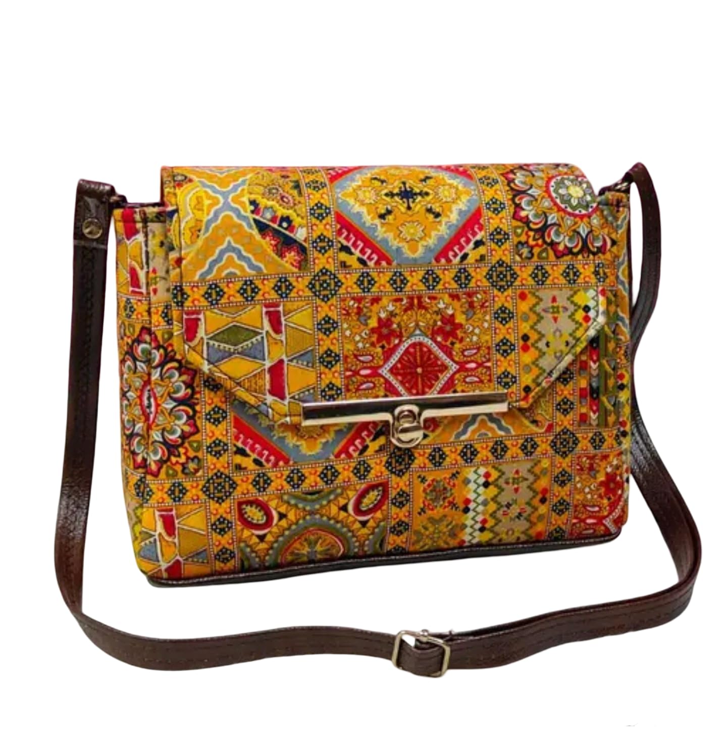 Vintage Bohemian Crossbody Bag, Geometric Pattern Print, Brown Leather Strap, Metal Clasp