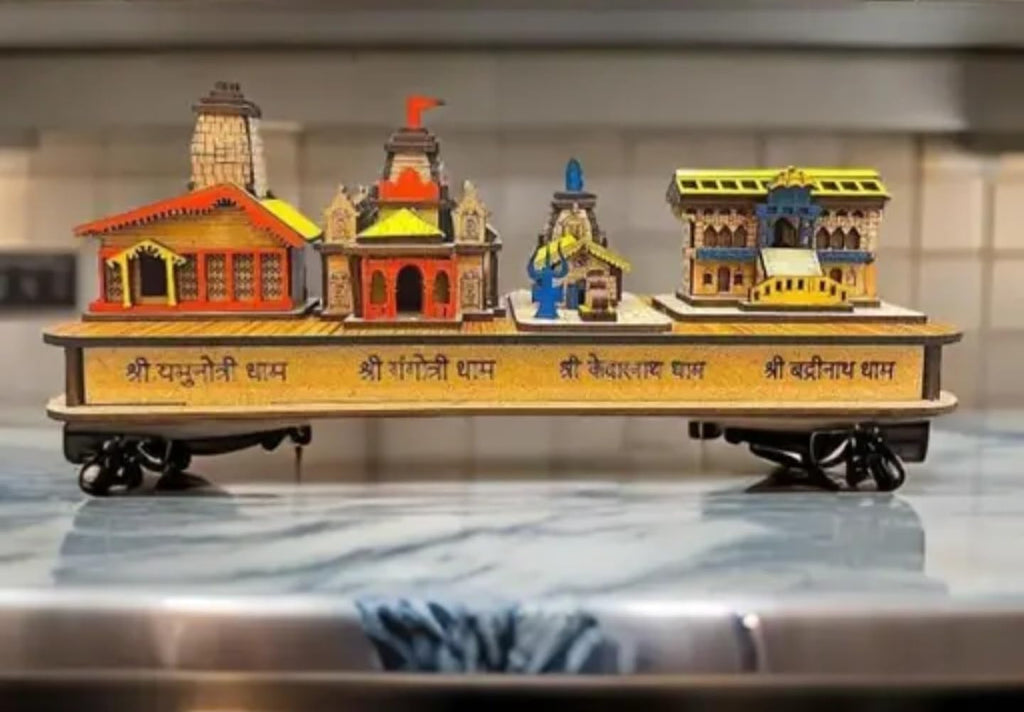Handcrafted Wooden Char Dham Temple Model Set, Traditional Indian Religious Architecture, Orange and Yellow, Decorative Display Piece
