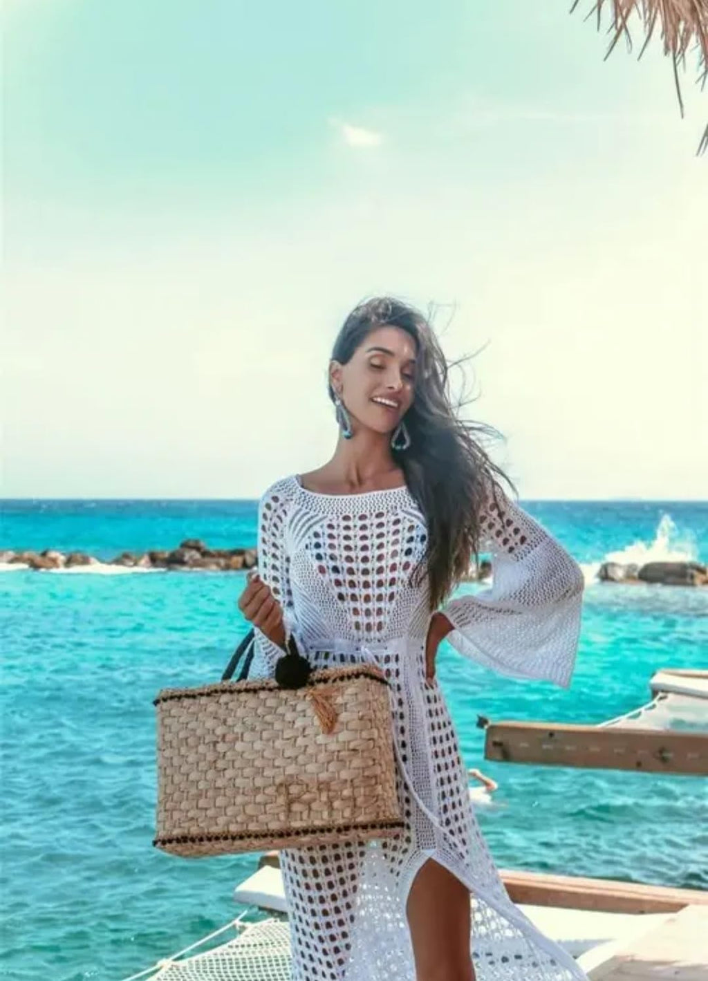 Women's Crochet Beach Cover-Up Maxi Dress, White, Long Sleeve, Side Slit, Swimsuit Coverup
