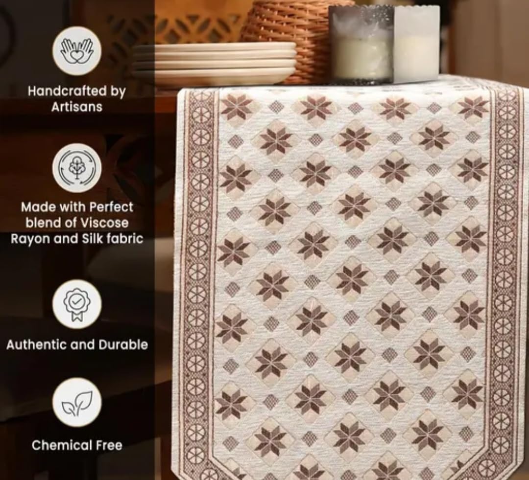 Table Runner with Star Pattern, Beige and Brown, Geometric Border Design, Dining Table Decor