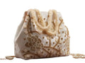Women's Embroidered Handbag, White, Pearl Beaded Handles, Floral Zardozie Work, Bridal Potlie Bag