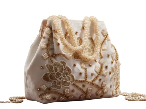 Women's Embroidered Handbag, White, Pearl Beaded Handles, Floral Zardozie Work, Bridal Potlie Bag