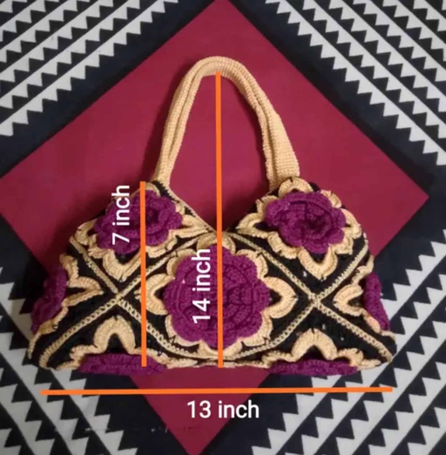 Handmade Crochet Handbag with Purple Floral Design, Black and Peach Pattern, Decorative Roses