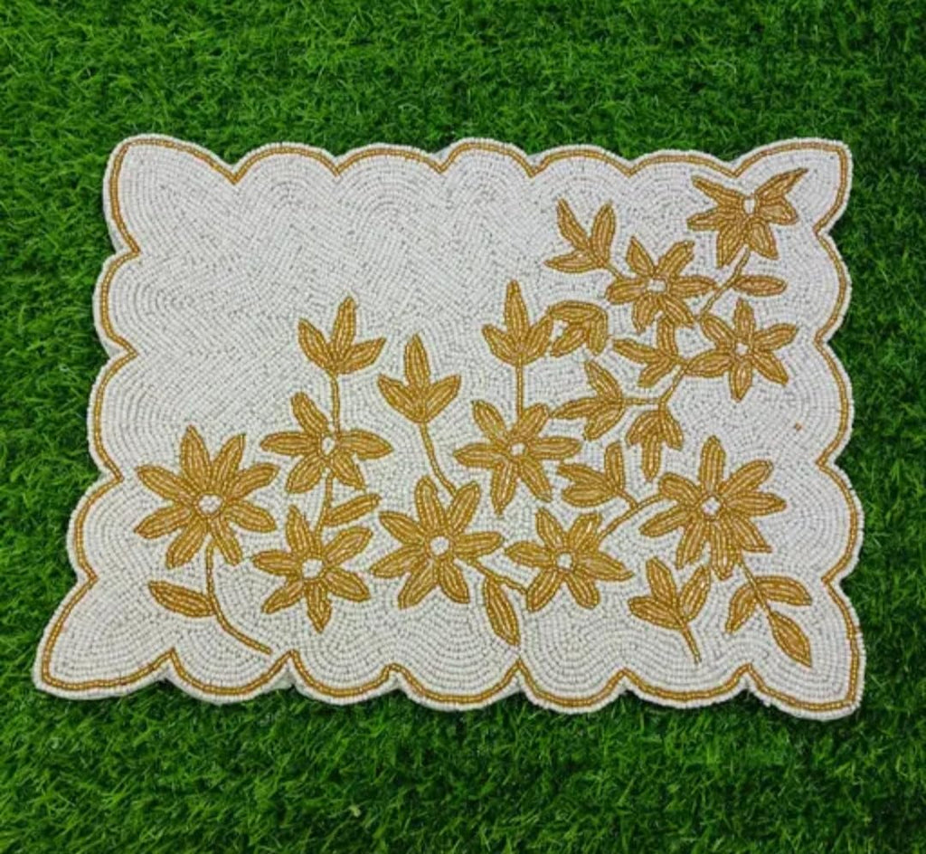 Beaded Placemat with Gold Floral Design, White, Scalloped Edge, Decorative Table Accent