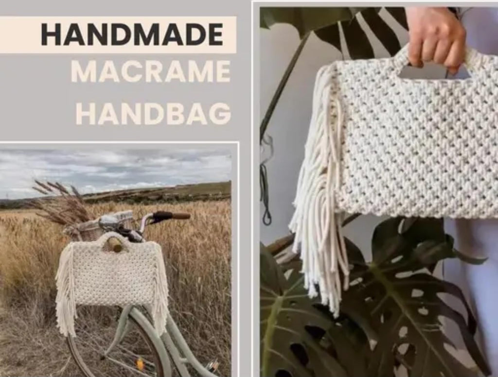 Handmade Macrame Clutch Handbag with Fringe Tassels, Cream White, Woven Pattern