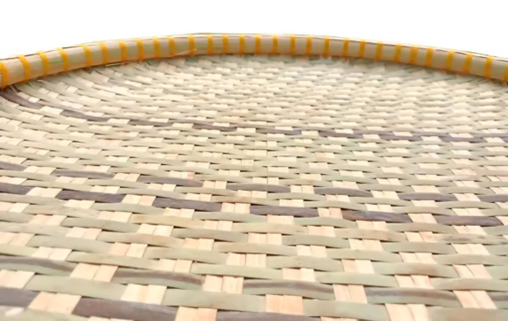 Handwoven Bamboo Tray, Large Round, Natural with Red Trim, Flat Serving Platter