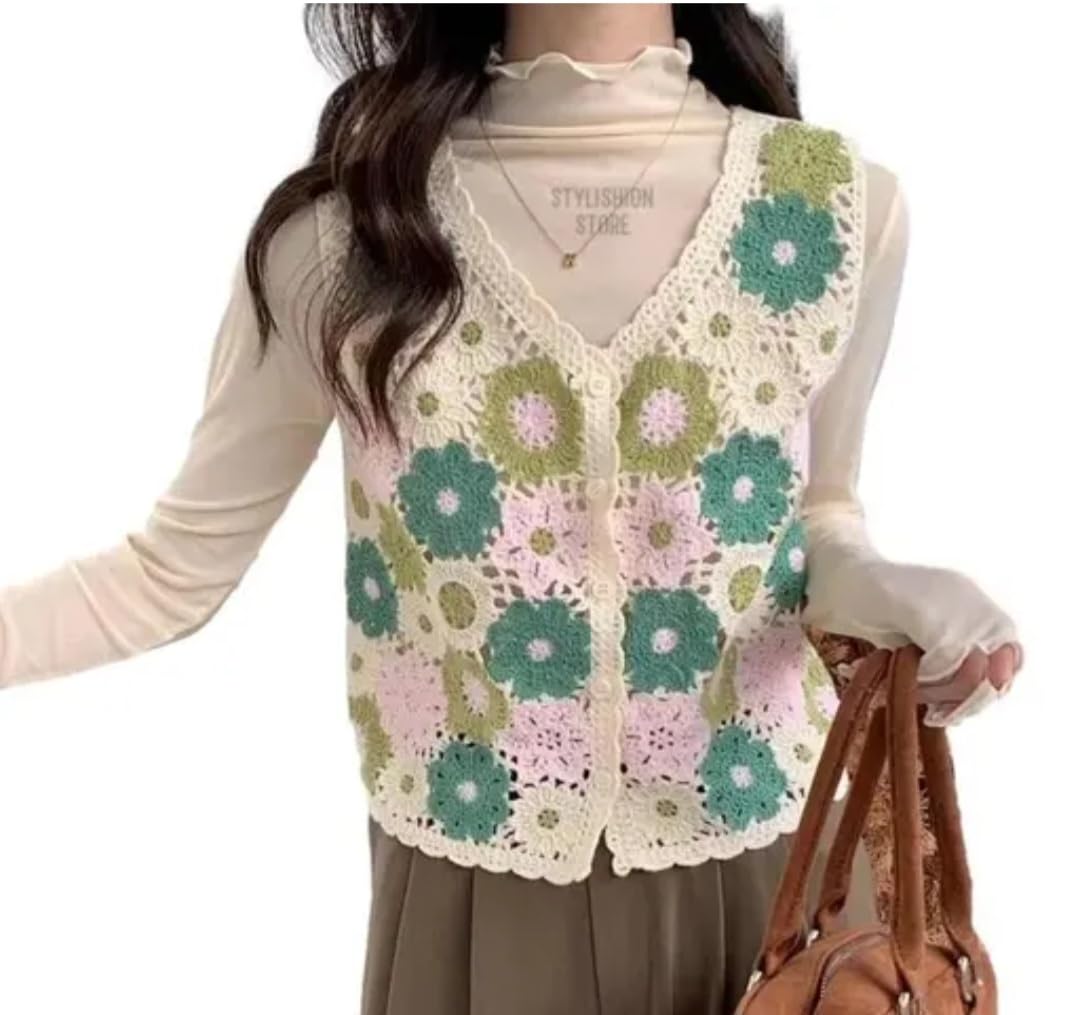Crochet Floral Crop Top, Boho Sleeveless Vest, Green and Pink Flower Granny Square Tank