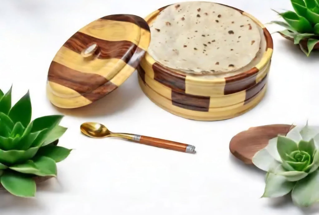 Wooden Storage Bowl with Lid, Checkered Pattern, Two-Tone Brown and Natural Wood, Round Shape, Handcrafted Design