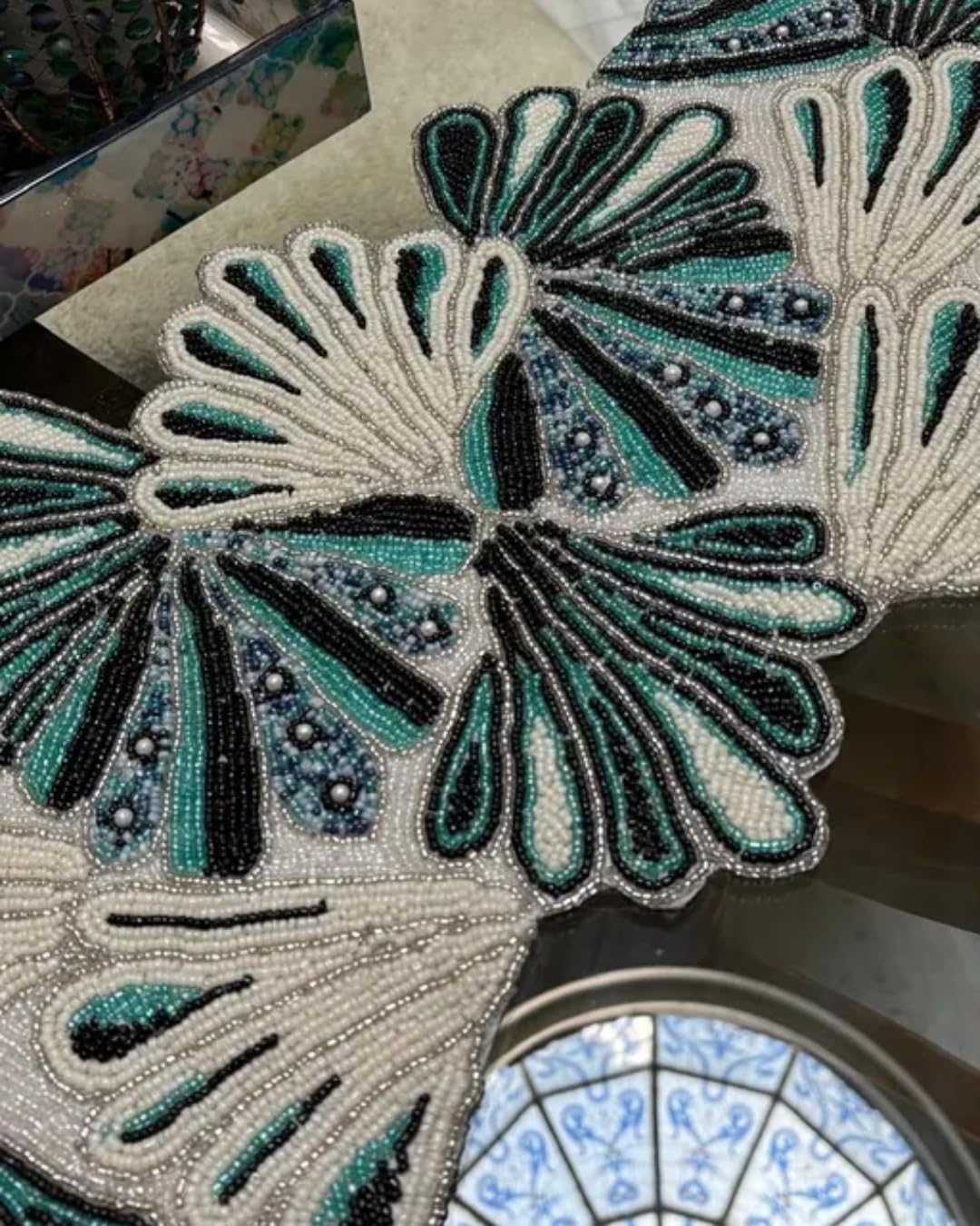 Beaded Table Runner, Teal and Black Floral Fan Design, Handcrafted Decorative Home Decor