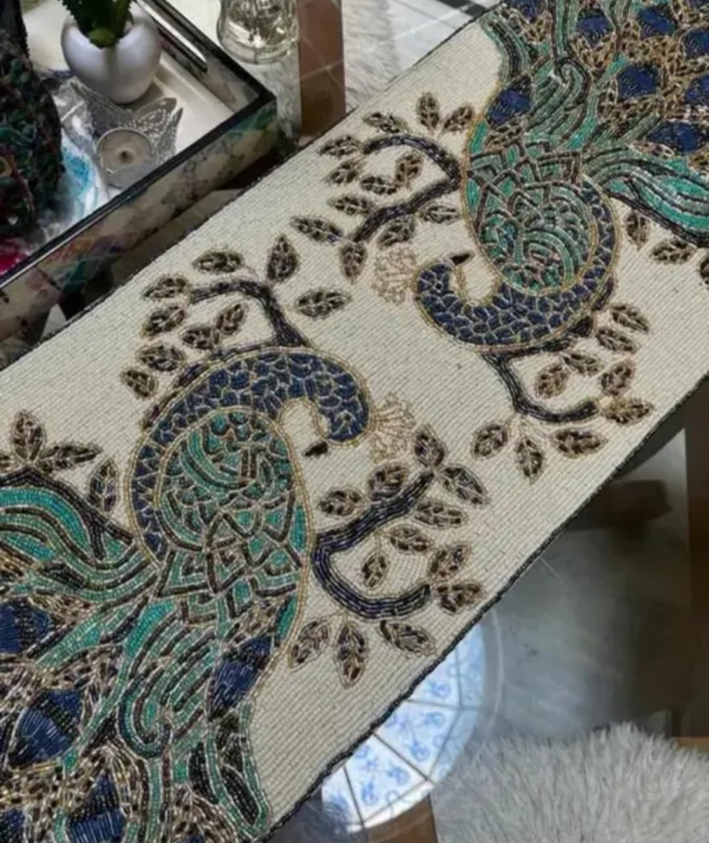 Beaded Table Runner with Peacock Design, Blue and Green, Embroidered Tapestry Style