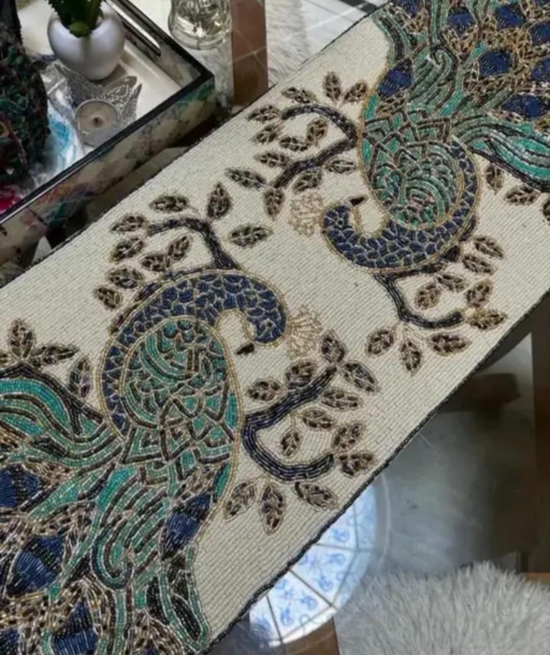 Beaded Table Runner with Peacock Design, Blue and Green, Embroidered Tapestry Style