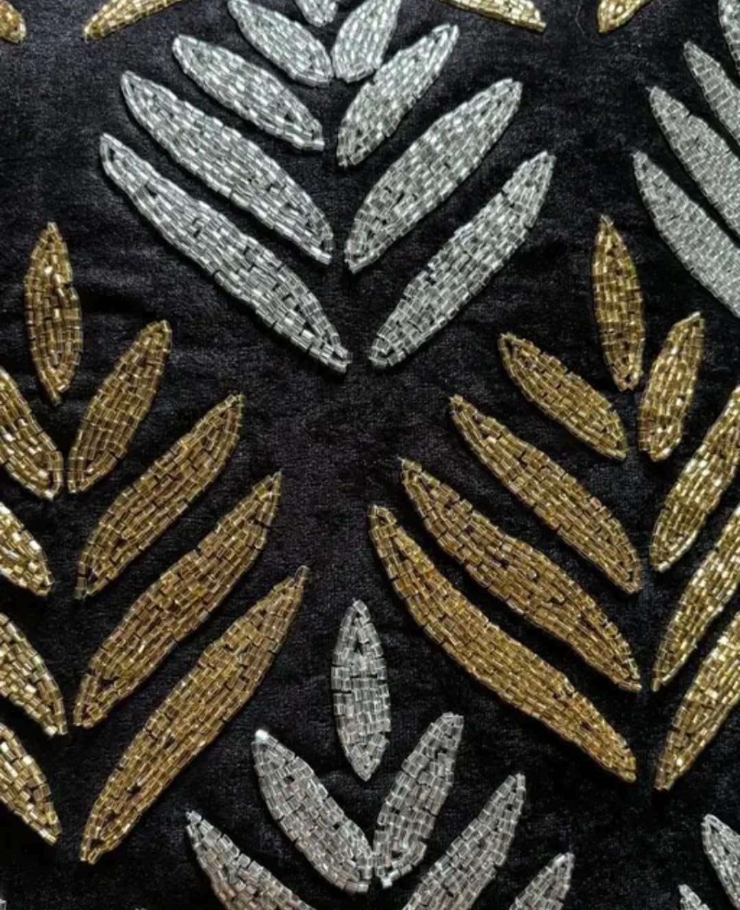 Black Velvet Throw Pillow Cover with Gold and Silver Leaf Embroidery, Decorative Cushion Cover