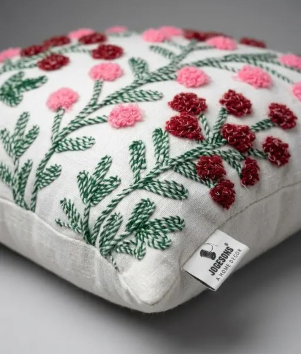 Floral Embroidered Throw Pillow Cover, Cream with Pink and Red Botanical Design, Decorative Cushion Cover