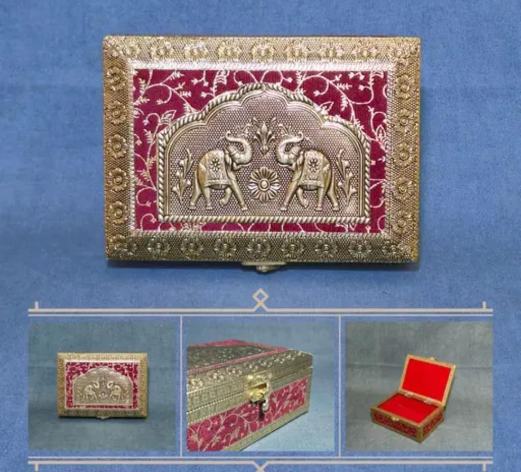 Decorative Jewelry Box, Red and Gold, Embossed Metal Design, Rectangular Storage with Clasp