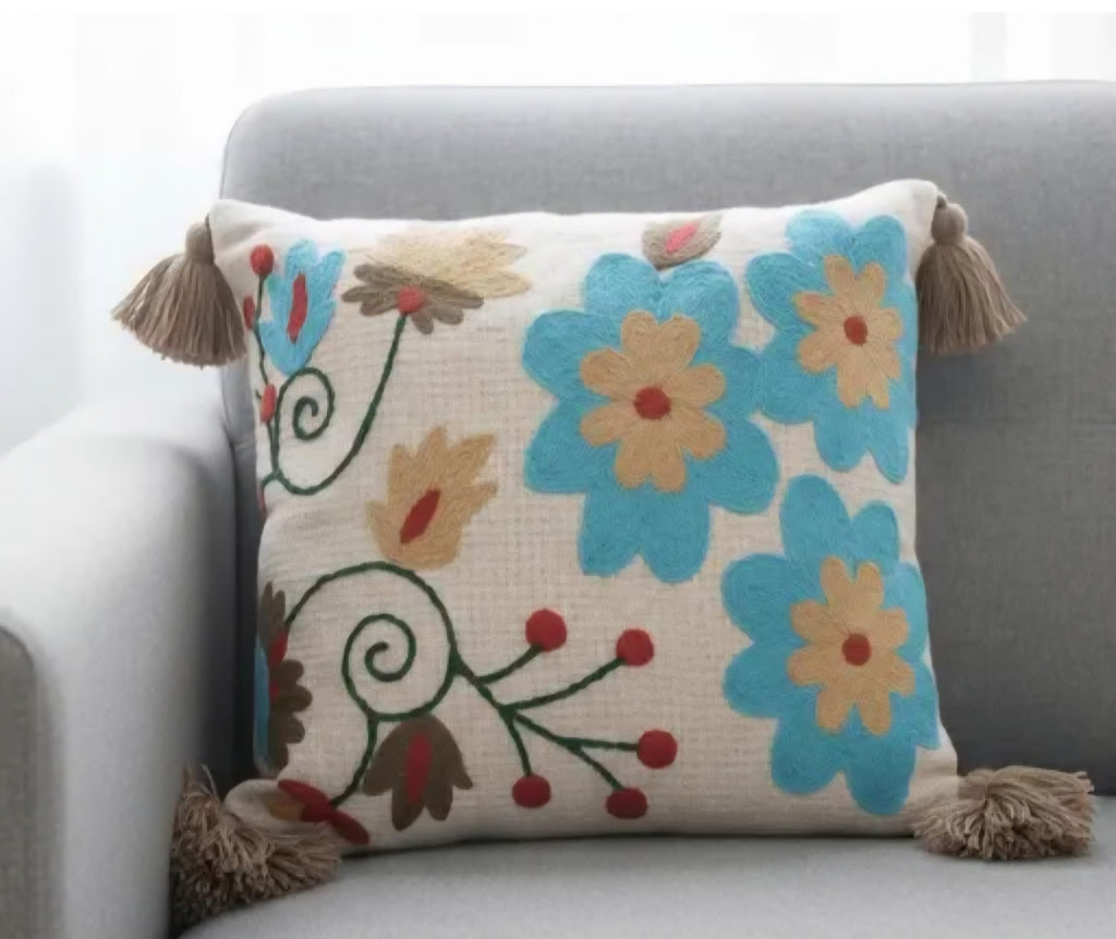 Handcrafted Embroidered Throw Pillow Cover with Tassels, Boho Style, Blue & Multicolor, Cotton