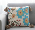 Handcrafted Embroidered Throw Pillow Cover with Tassels, Boho Style, Blue & Multicolor, Cotton
