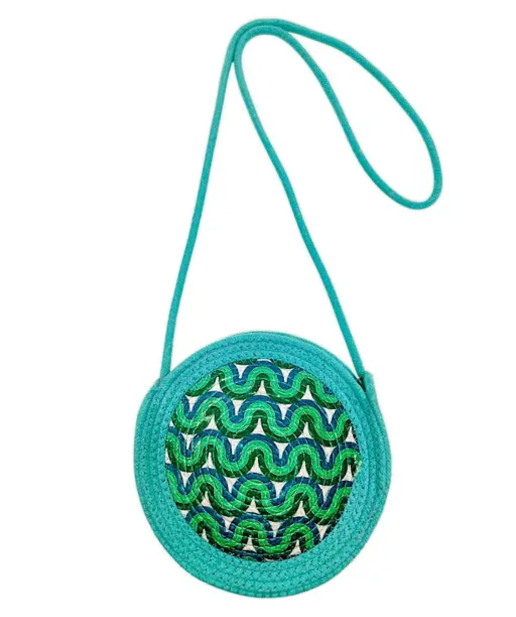 Round Woven Crossbody Bag, Turquoise with Green Wave Pattern, Braided Strap, eco-friendly handcrafted Handbag