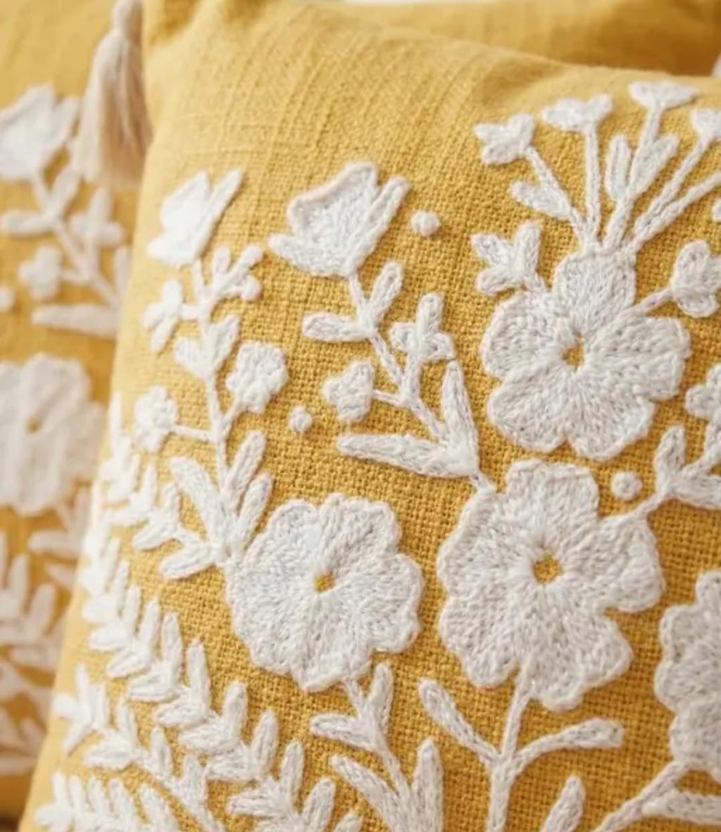 Handmade Floral Embroidered Throw Pillow Cover, Mustard Yellow with White Flowers, Tassel Accent, Boho Style