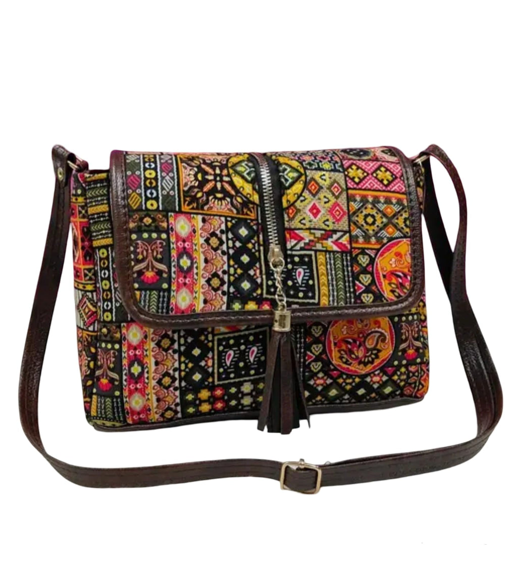 Bohemian Crossbody Bag, Patchwork Pattern with Tassel, Brown Leather Trim, Multi-Color, Traditional bag
