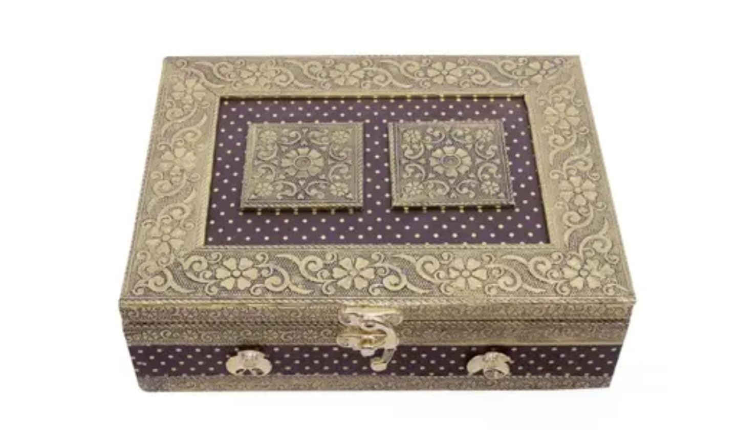 Vintage Decorative Jewelry Box, Purple and Gold, Floral Pattern, Metal Clasp, Double Compartment, Polka Dot Design