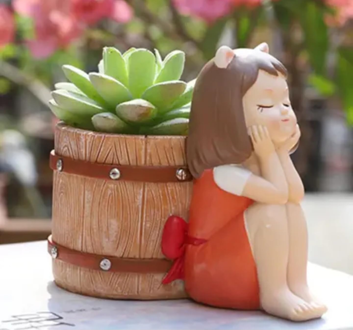 Decorative Barrel Planter with Succulent, Rustic Wood Design, Brown Wooden Texture with Metal Bands, Indoor Garden Pot