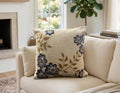 Floral Hand Embroidered Throw Pillow Cover, Beige Linen, Blue Flowers with Vine Detail, Decorative Square Cushion