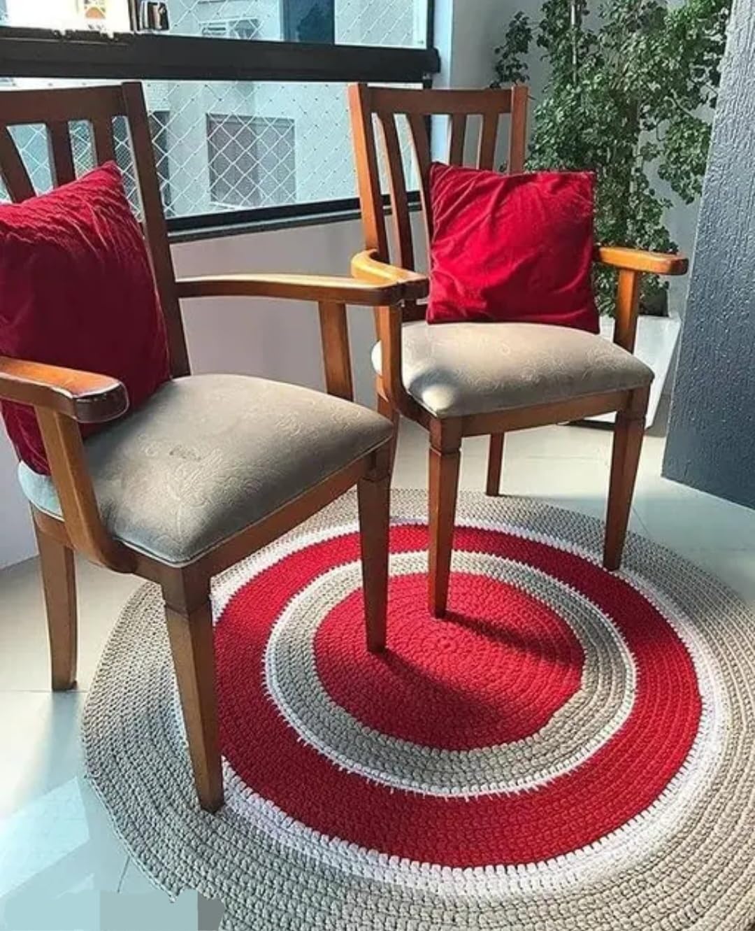 Round Handcrafted Area Rug, Red and Gray Spiral Pattern, Handmade Woven Style, Indoor Home Decor