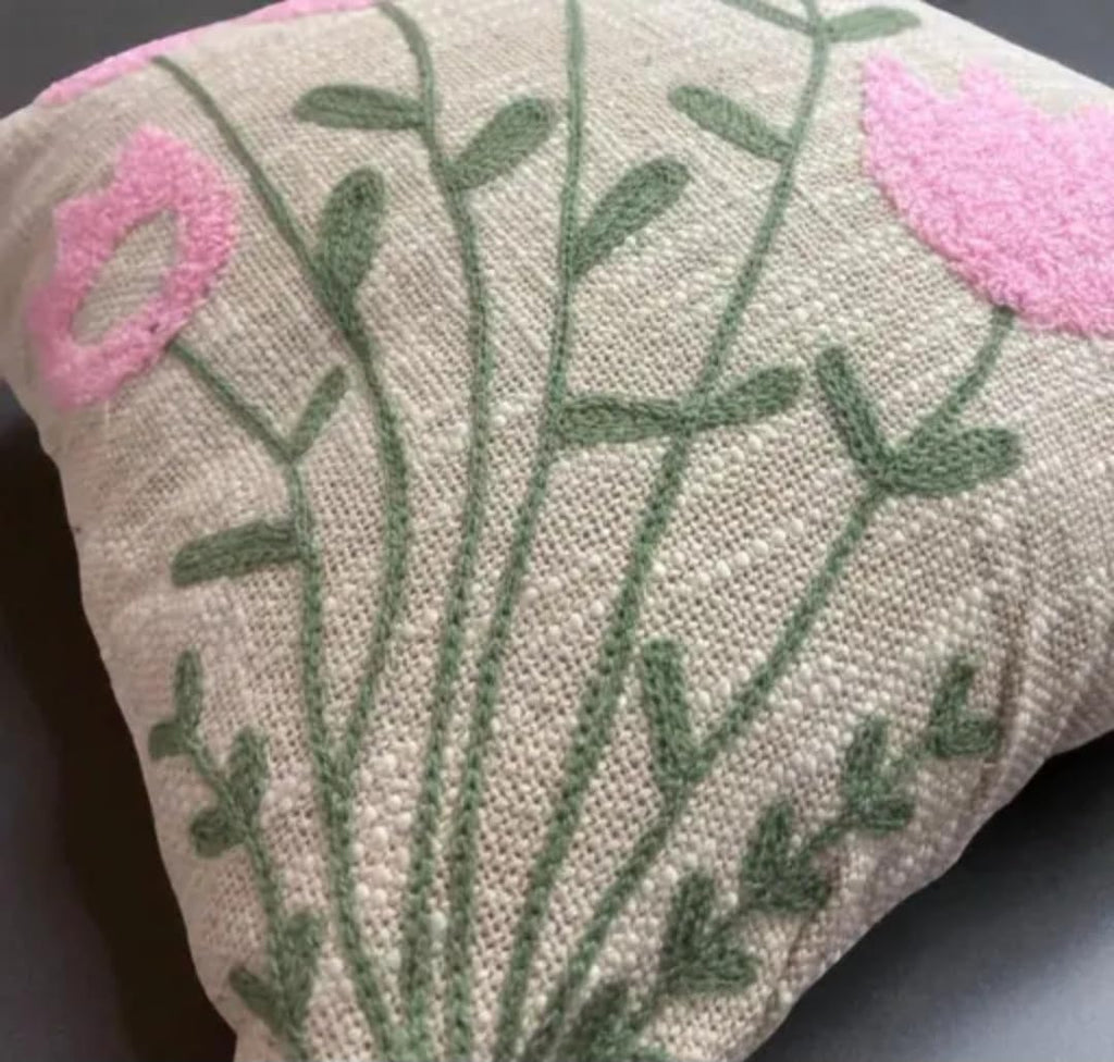 Decorative Throw Pillow Cover, Pink Floral Embroidered Design, Beige Linen, Square Cushion Case