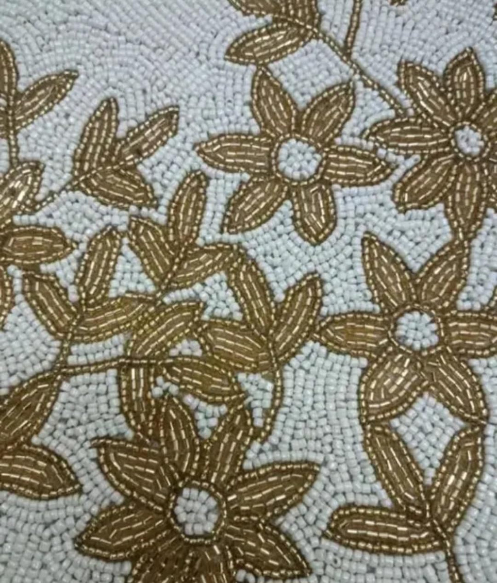 Embroidered Table Runner, Beige with Gold Floral Design, Scalloped Edge, Decorative Linen