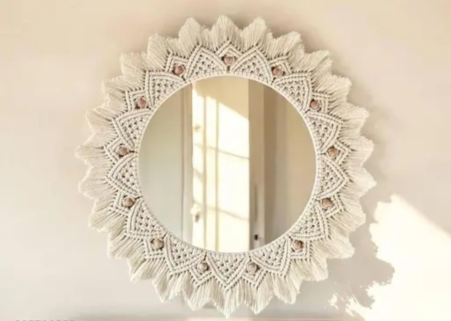Handcrafted Macrame Wall Mirror Frame, Boho Round Decorative Mirror with Shell Beads, White