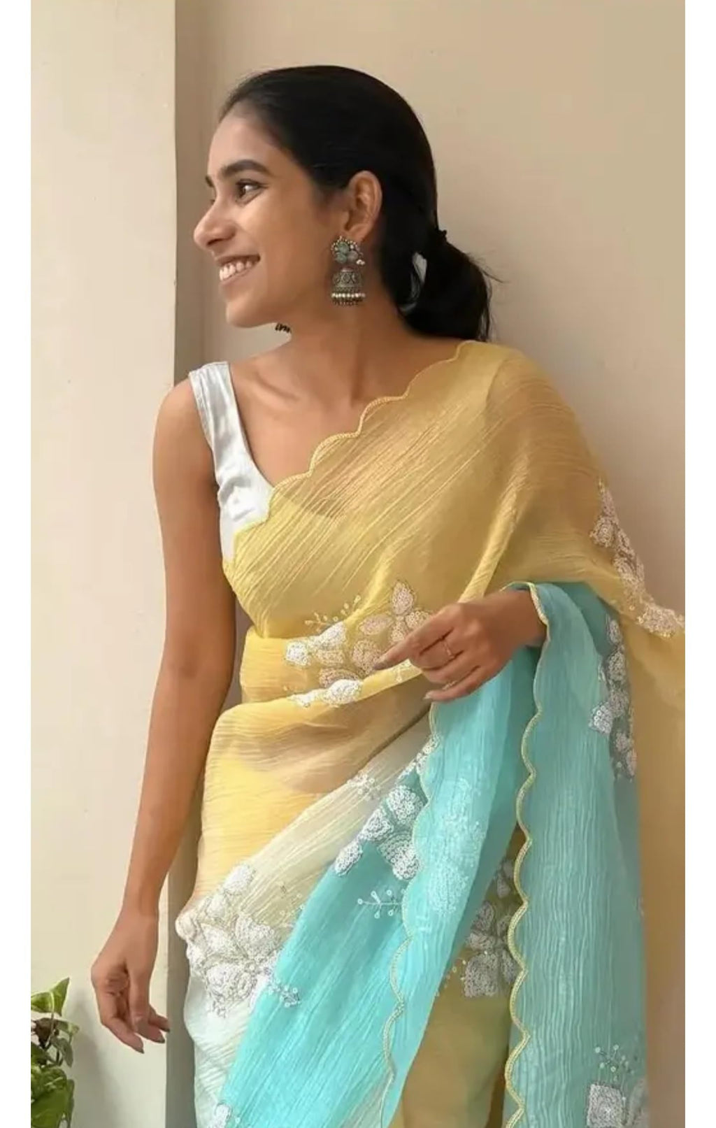 Designer Embroidered Silk Saree with Silver Floral Work, Yellow and Turquoise Ombre, Traditional Indian Wedding Wear