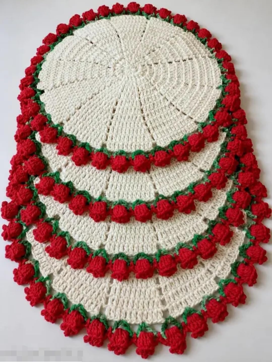 Handmade Crochet Pooja Thalposh, Floral Pattern with Tassels, Rose Bouquet Cum placemat
