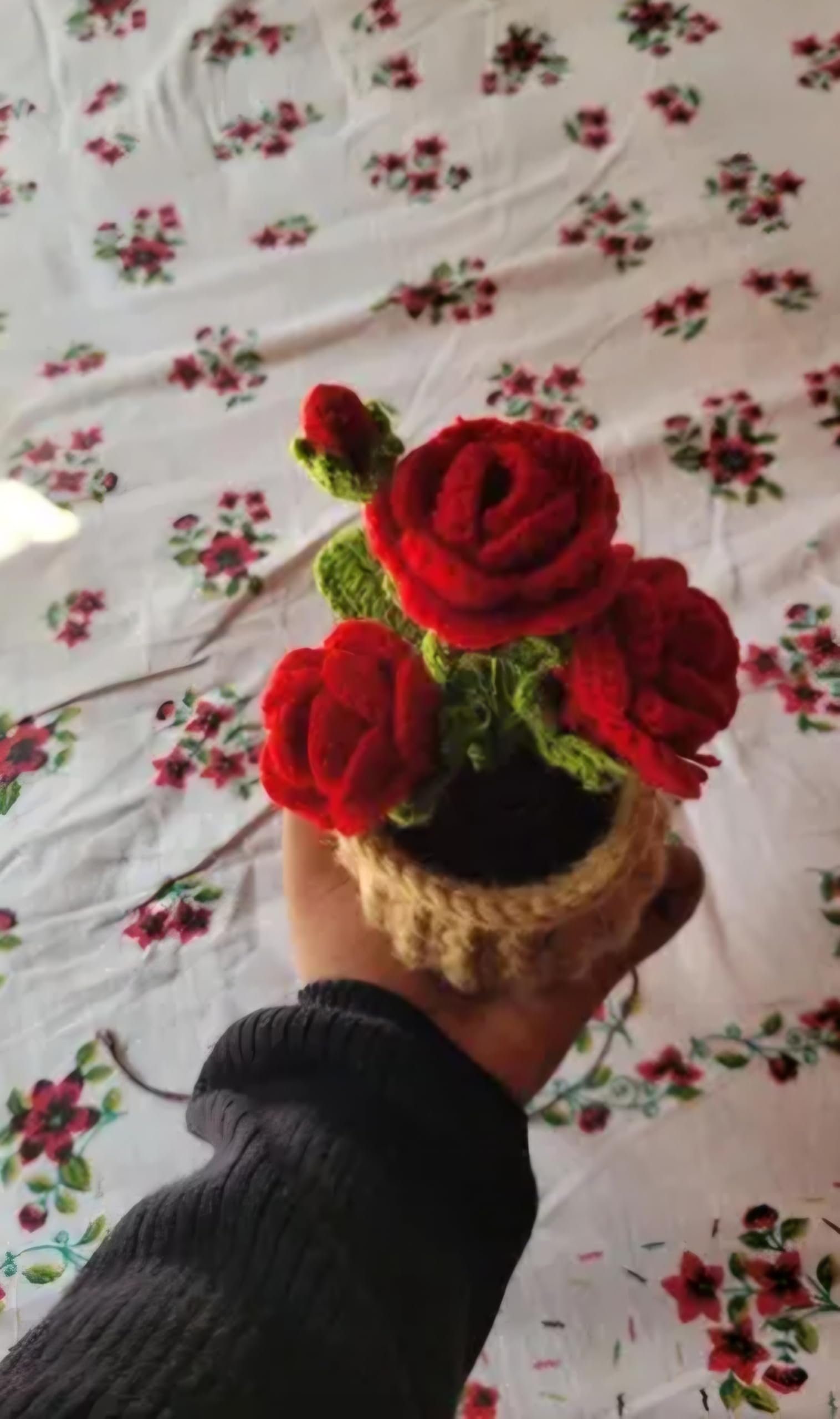 Handmade Crochet Red Rose Artificial Flower in Knitted Pot, Home Decor, Boho Style