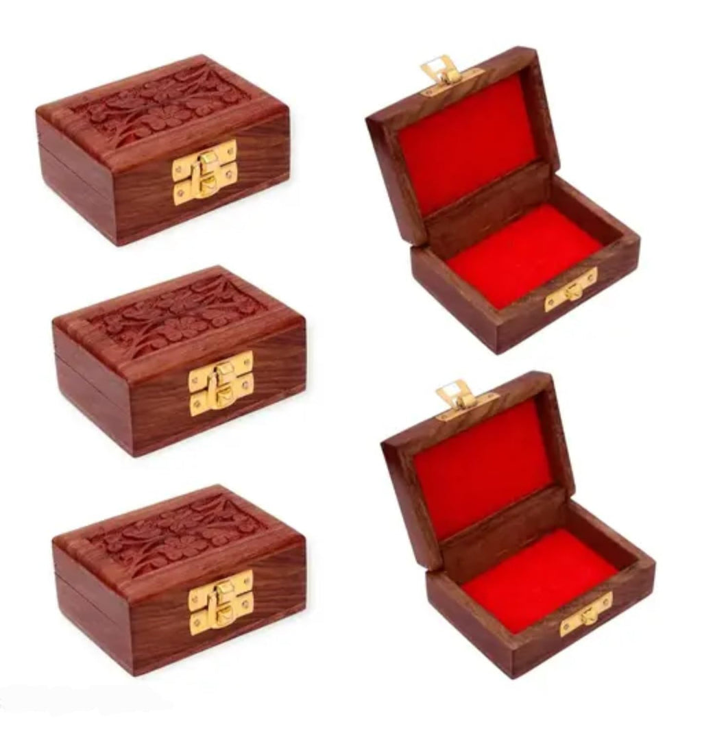 Handcrafted Wooden Jewelry Box with Red Velvet Interior, Small Decorative Storage Chest, Brown, Carved Floral Design, Gold Metal Clasp
