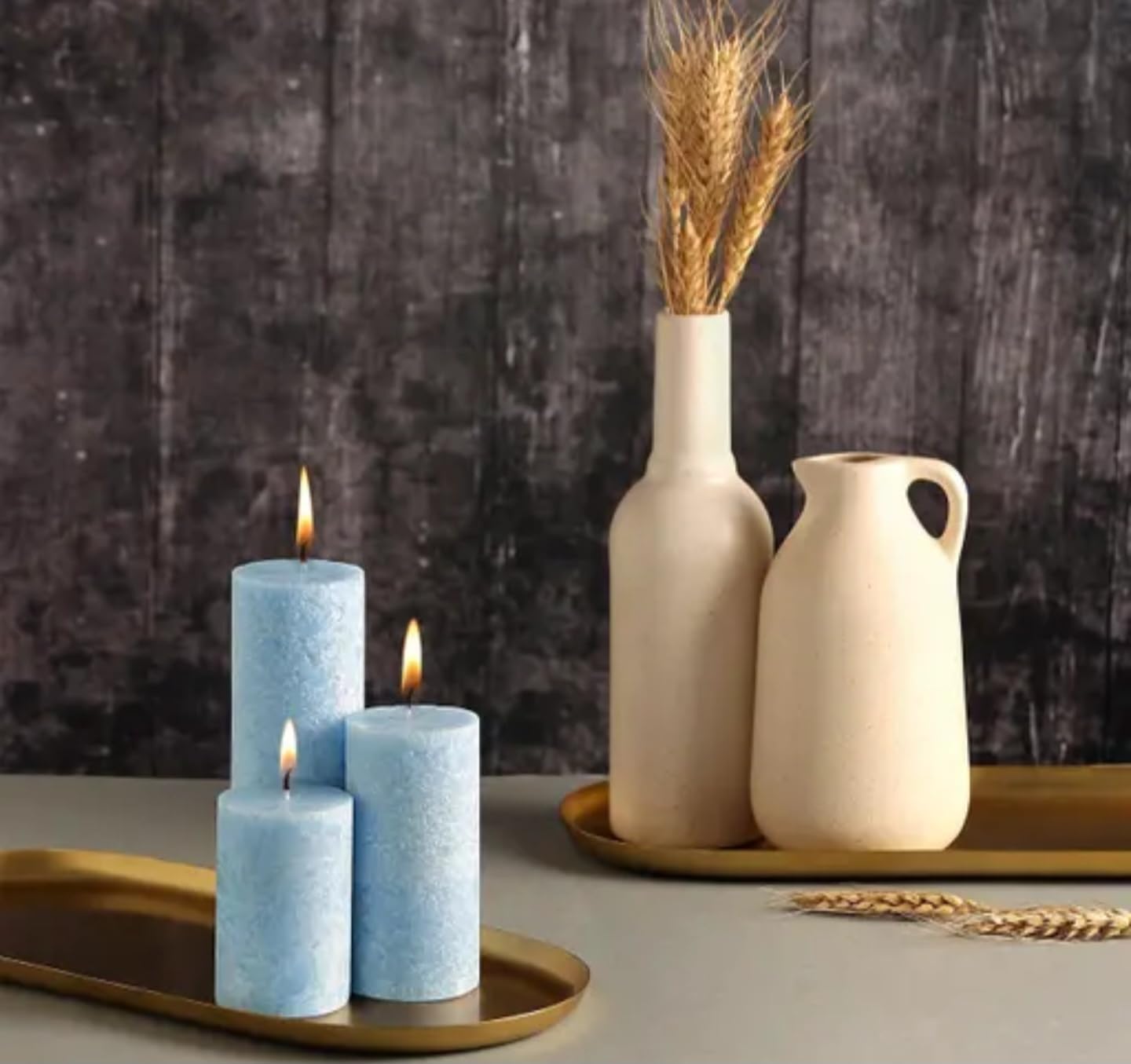 Decorative Pillar Candles Set of 3, Light Blue, Mottled Texture, Various Sizes