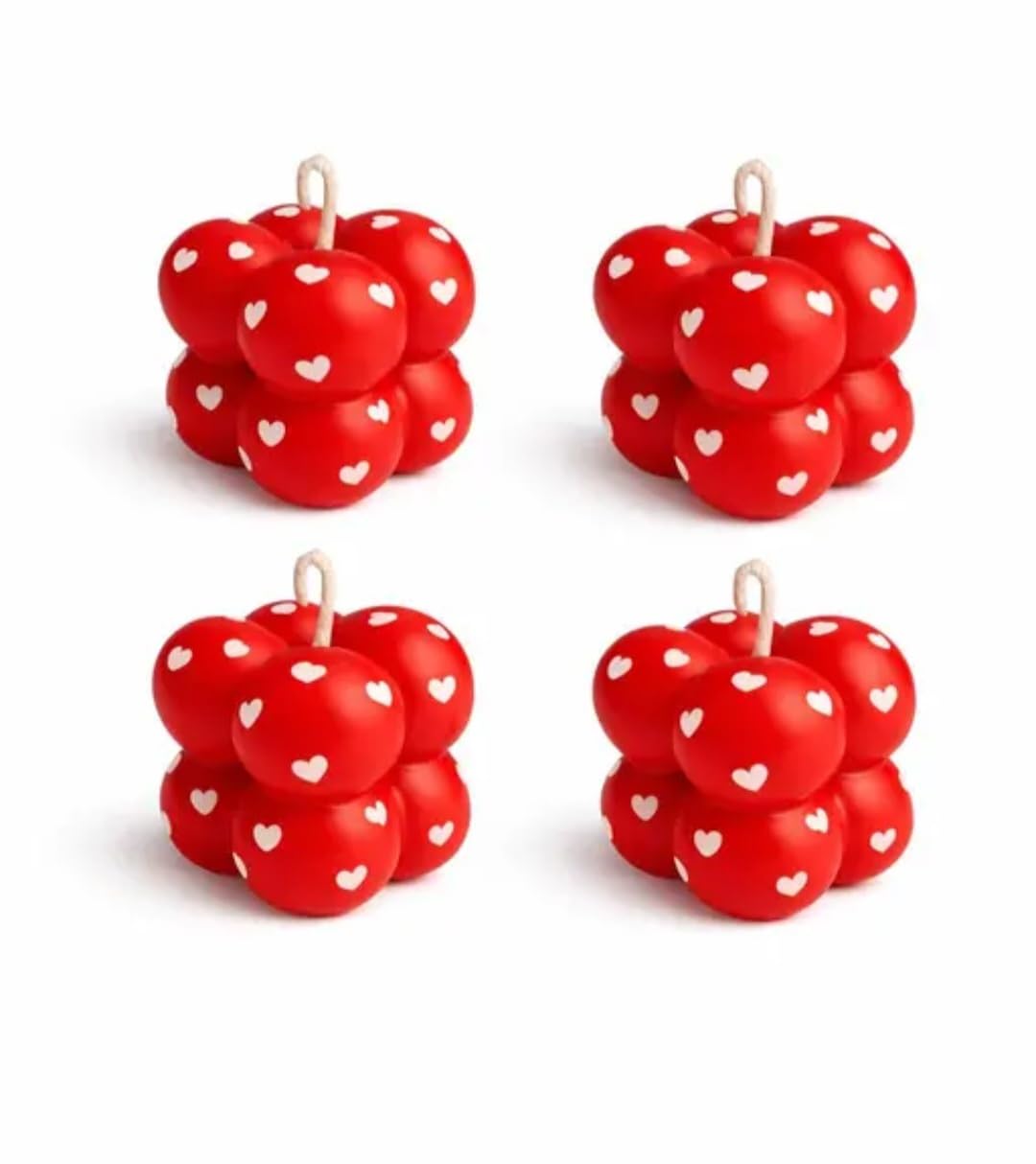 Bubble Candles Red with White Hearts, Decorative Cube Shape, Set of 4, Valentine's Day Theme