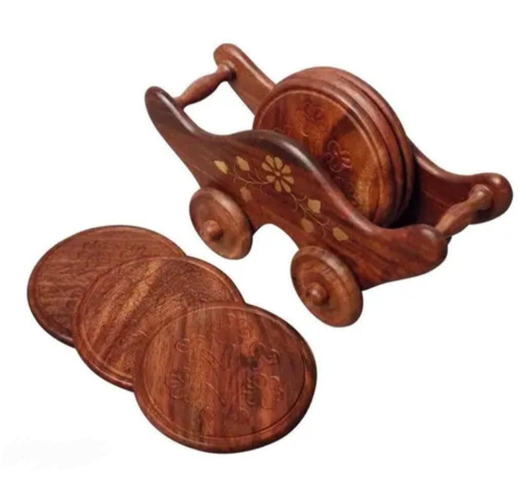 Wooden Coaster Set with Holder, Brown, Handcrafted with Floral Inlay Design, 4 Round Coasters