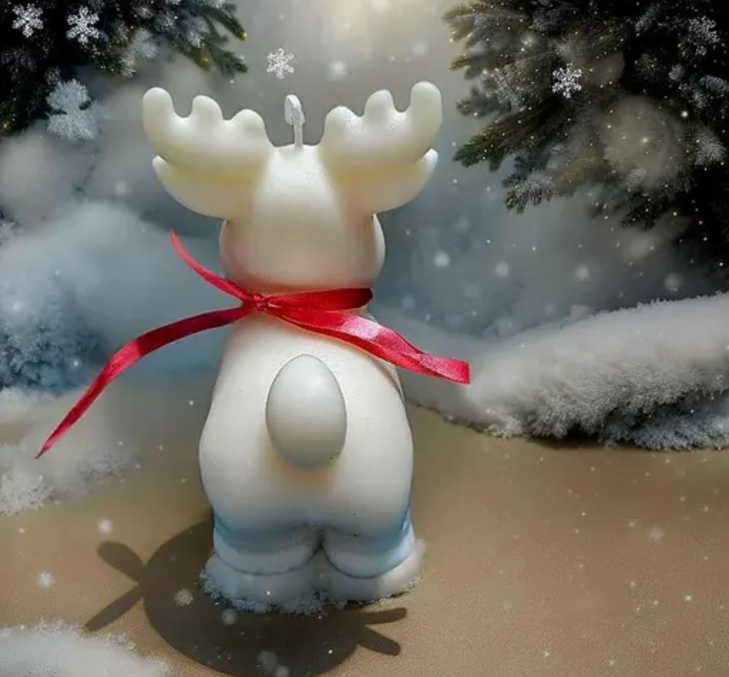 Decorative Reindeer Christmas Candle, White Wax Figurine with Red Nose, Holiday Home Decor